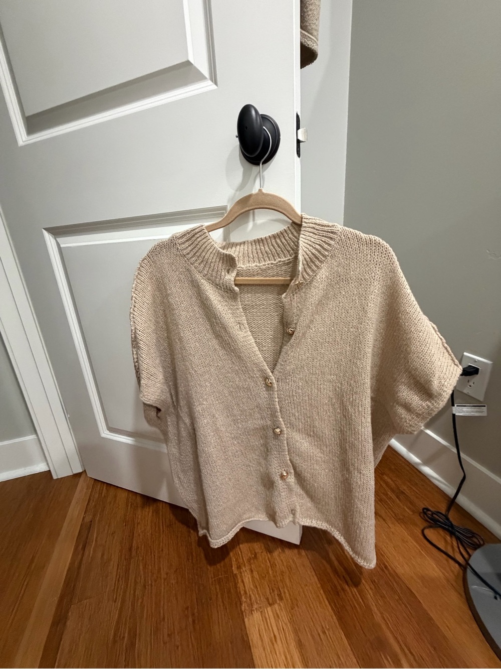 Light-Weight Short-Sleeve Button Cardigan Sweater in Beige